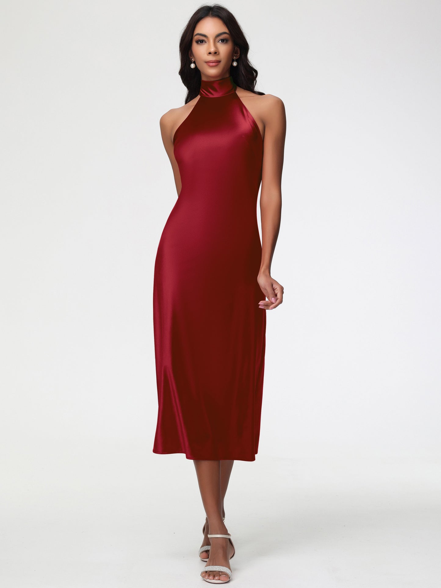 Burgundy Bridesmaid Dresses Tea-Length High Neck Sleeveless Stretch Satin Bridesmaid Dresses