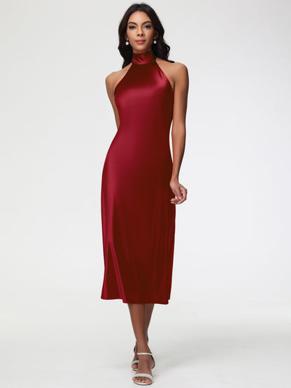 Burgundy Bridesmaid Dresses Tea-Length High Neck Sleeveless Stretch Satin Bridesmaid Dresses