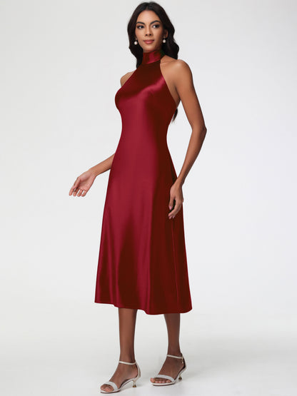 Burgundy Bridesmaid Dresses Tea-Length High Neck Sleeveless Stretch Satin Bridesmaid Dresses