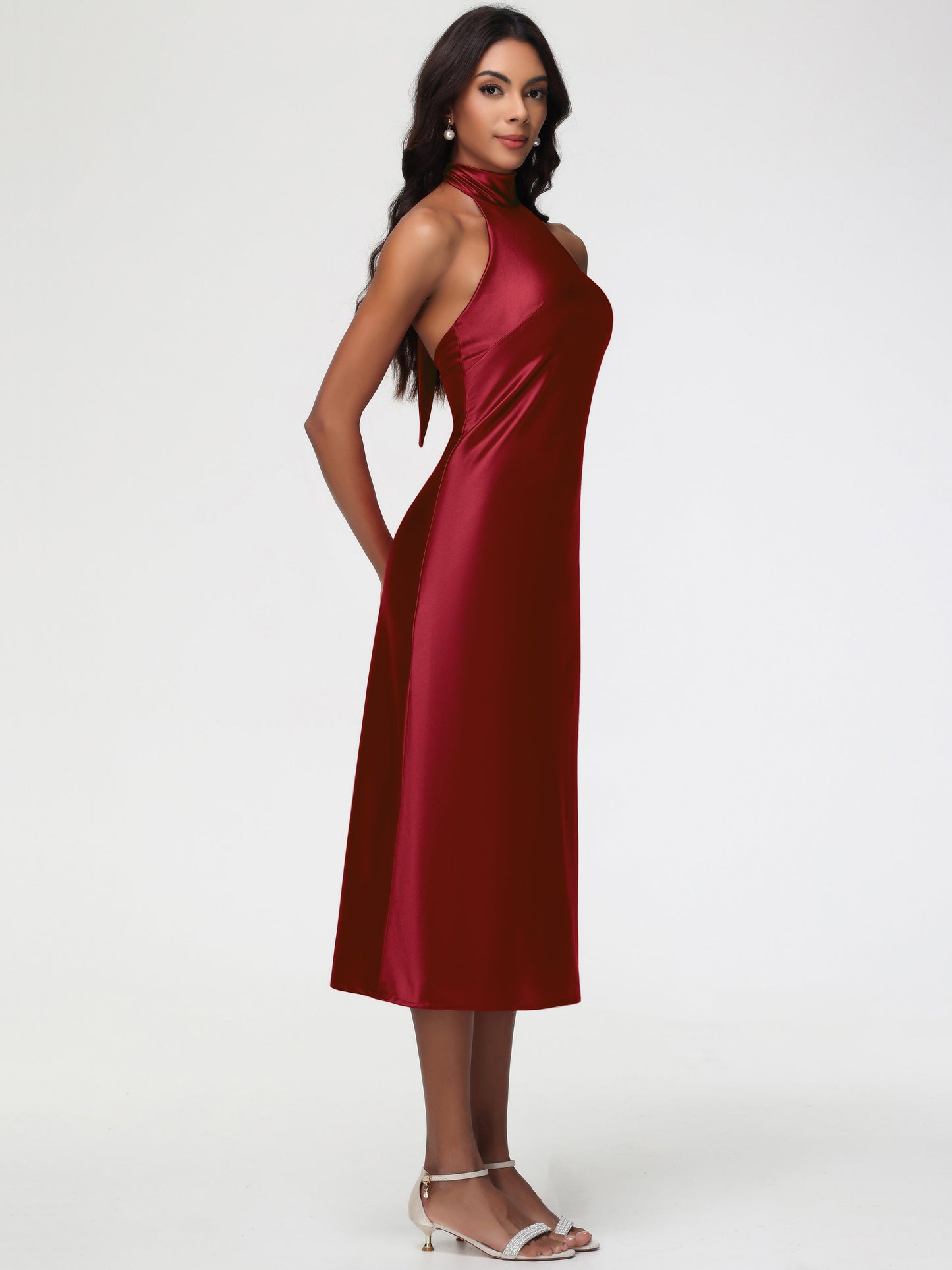 Burgundy Bridesmaid Dresses Tea-Length High Neck Sleeveless Stretch Satin Bridesmaid Dresses