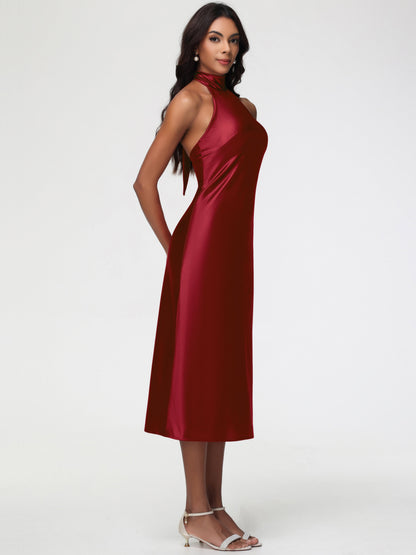 Burgundy Bridesmaid Dresses Tea-Length High Neck Sleeveless Stretch Satin Bridesmaid Dresses