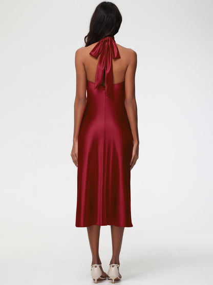 Burgundy Bridesmaid Dresses Tea-Length High Neck Sleeveless Stretch Satin Bridesmaid Dresses