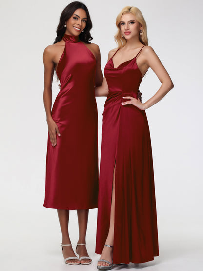 Burgundy Bridesmaid Dresses Tea-Length High Neck Sleeveless Stretch Satin Bridesmaid Dresses