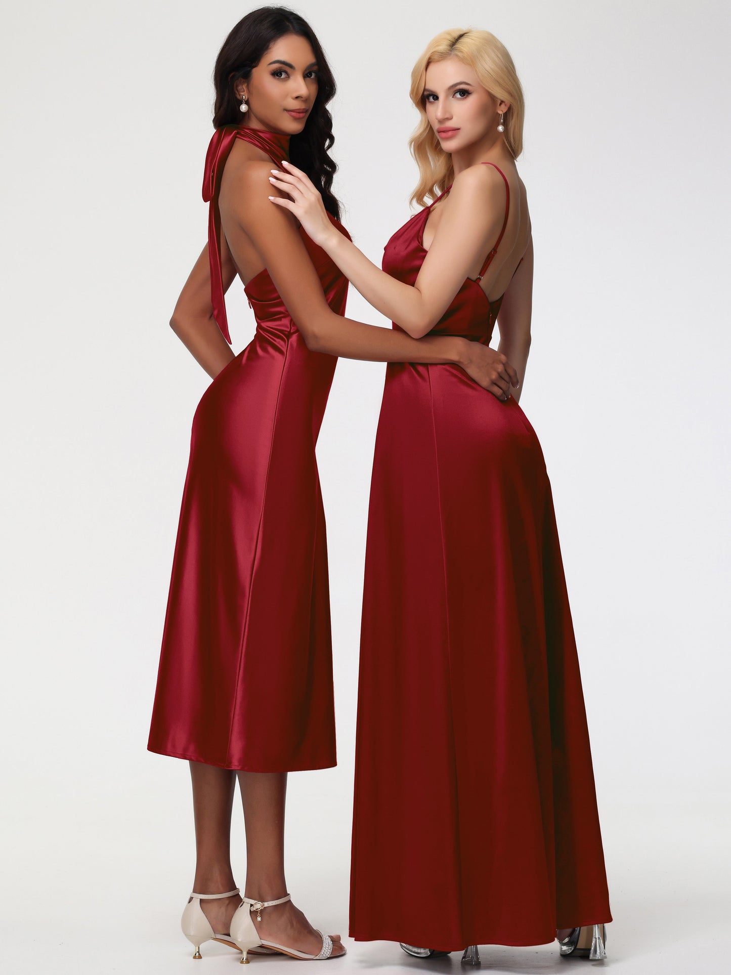 Burgundy Bridesmaid Dresses Tea-Length High Neck Sleeveless Stretch Satin Bridesmaid Dresses