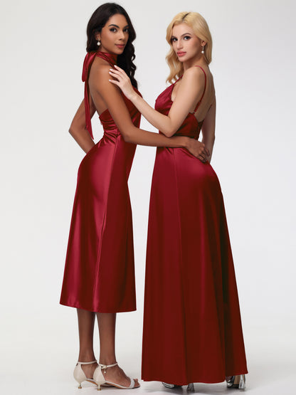 Burgundy Bridesmaid Dresses Tea-Length High Neck Sleeveless Stretch Satin Bridesmaid Dresses