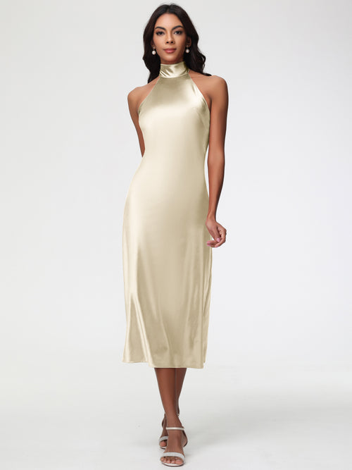 Champagne Bridesmaid Dresses Tea Length Tea-Length High Neck Sleeveless Stretch Satin Bridesmaid Dresses