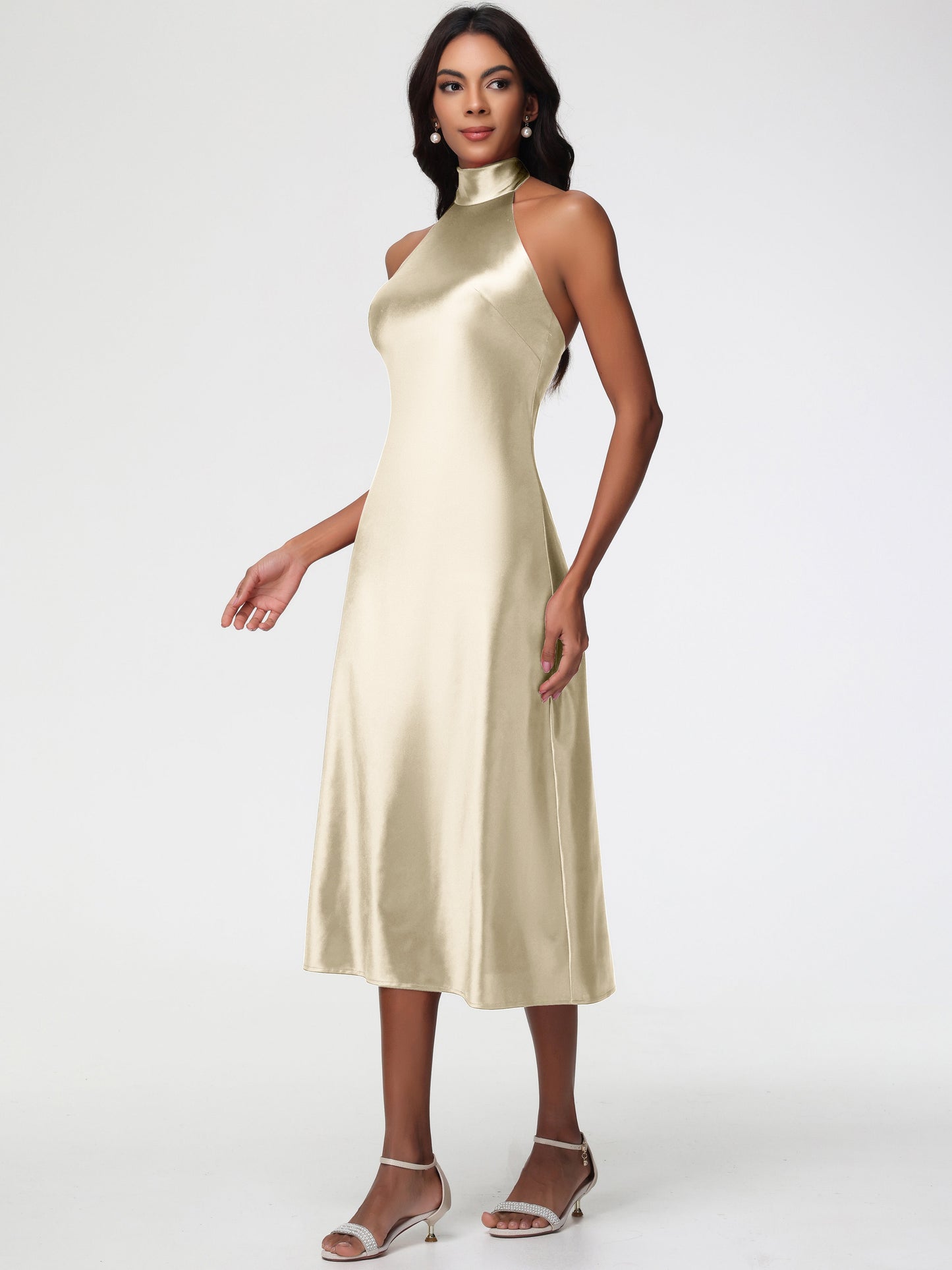 Champagne Bridesmaid Dresses Tea Length Tea-Length High Neck Sleeveless Stretch Satin Bridesmaid Dresses