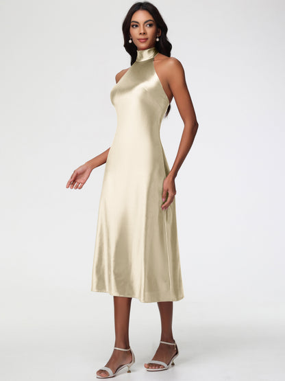 Champagne Bridesmaid Dresses Tea Length Tea-Length High Neck Sleeveless Stretch Satin Bridesmaid Dresses