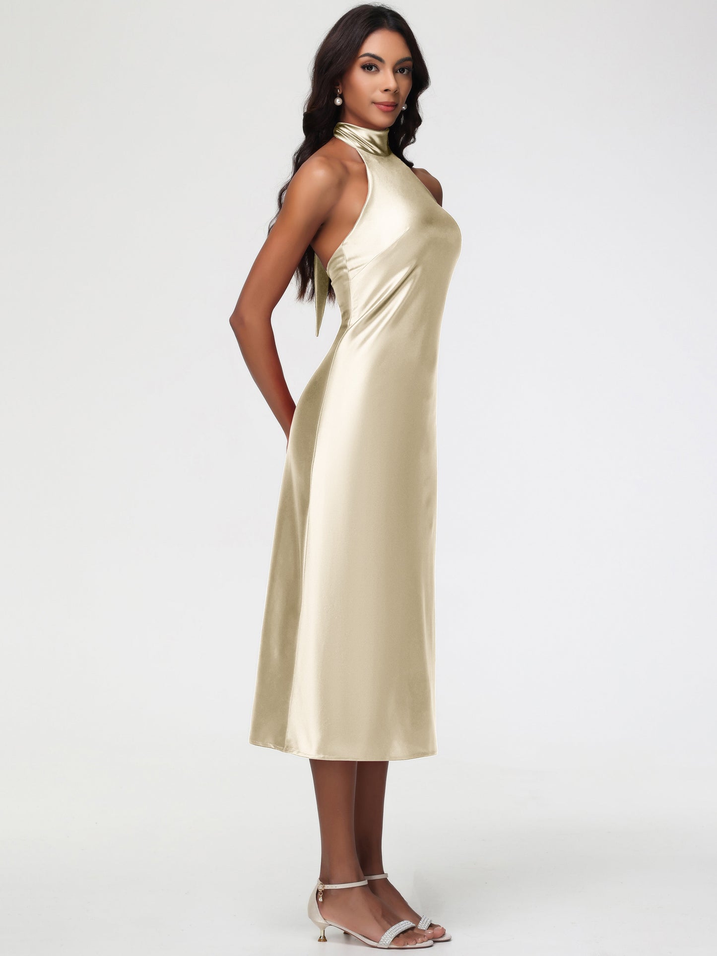 Champagne Bridesmaid Dresses Tea Length Tea-Length High Neck Sleeveless Stretch Satin Bridesmaid Dresses