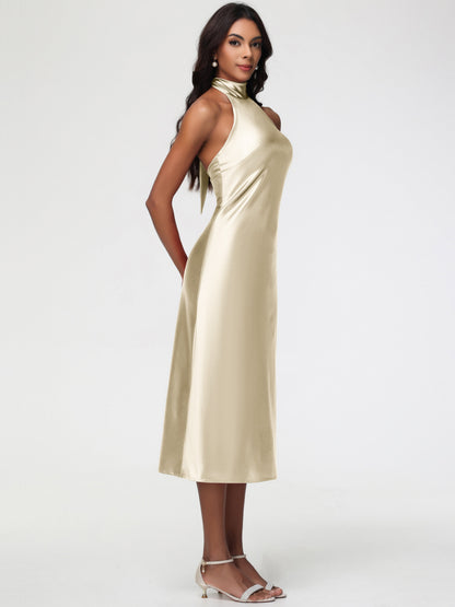 Champagne Bridesmaid Dresses Tea Length Tea-Length High Neck Sleeveless Stretch Satin Bridesmaid Dresses