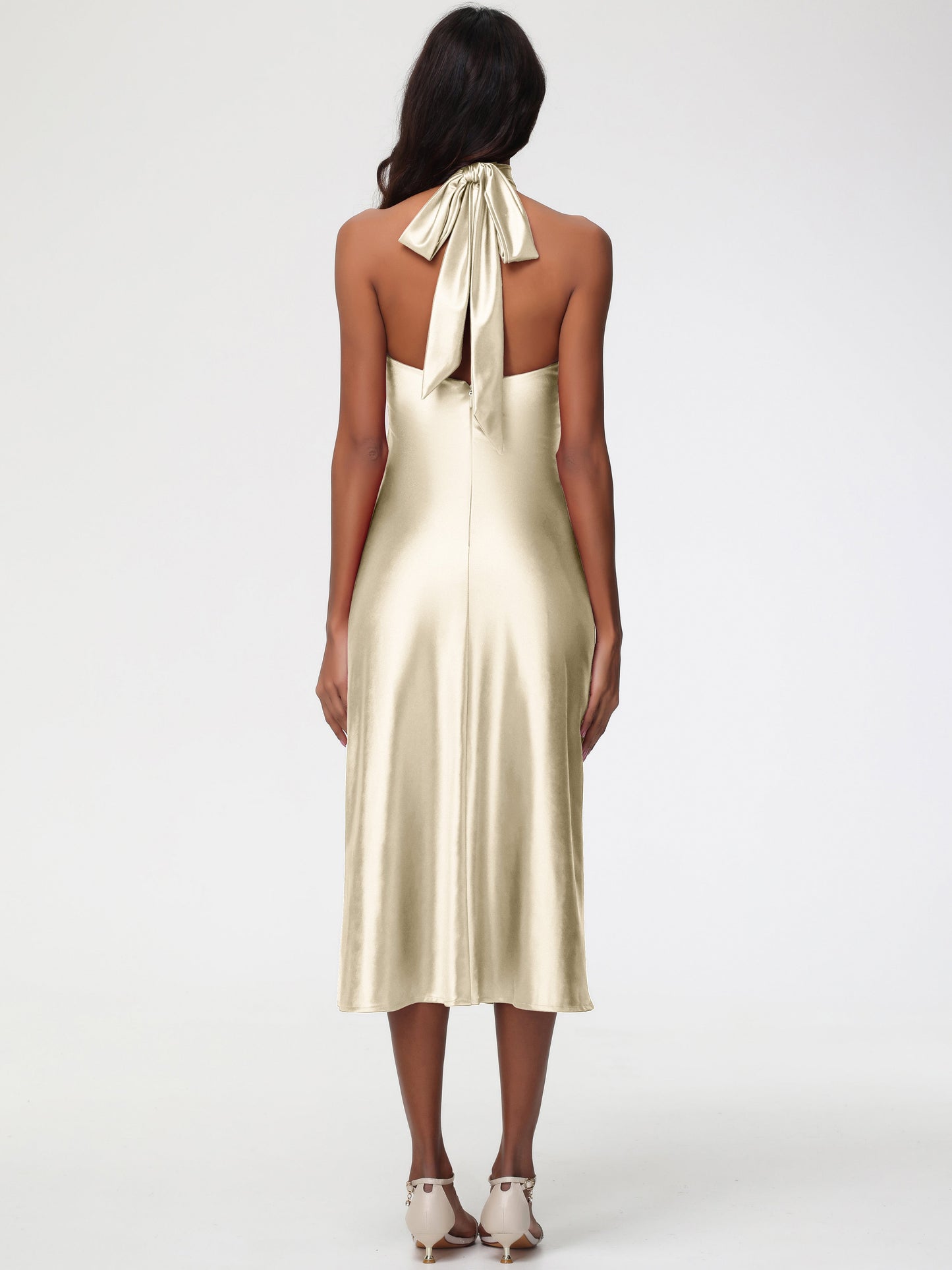Champagne Bridesmaid Dresses Tea Length Tea-Length High Neck Sleeveless Stretch Satin Bridesmaid Dresses