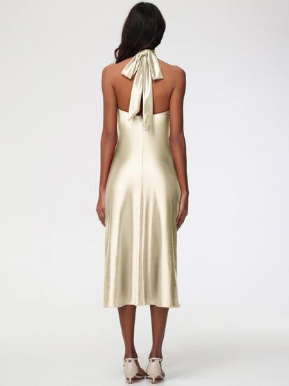 Champagne Bridesmaid Dresses Tea Length Tea-Length High Neck Sleeveless Stretch Satin Bridesmaid Dresses