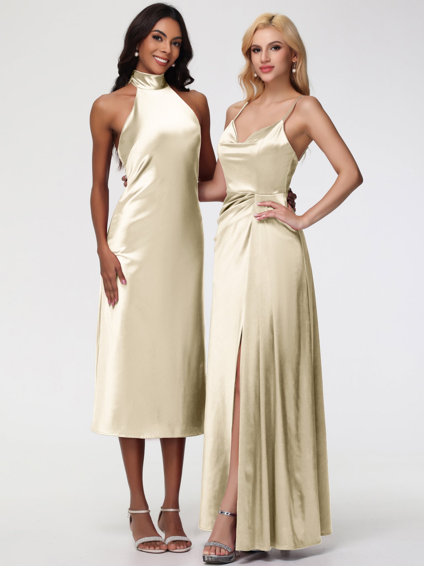 Champagne Bridesmaid Dresses Tea Length Tea-Length High Neck Sleeveless Stretch Satin Bridesmaid Dresses