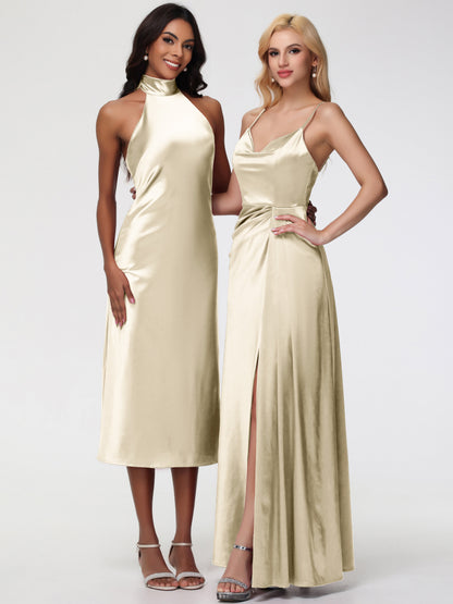 Champagne Bridesmaid Dresses Tea Length Tea-Length High Neck Sleeveless Stretch Satin Bridesmaid Dresses