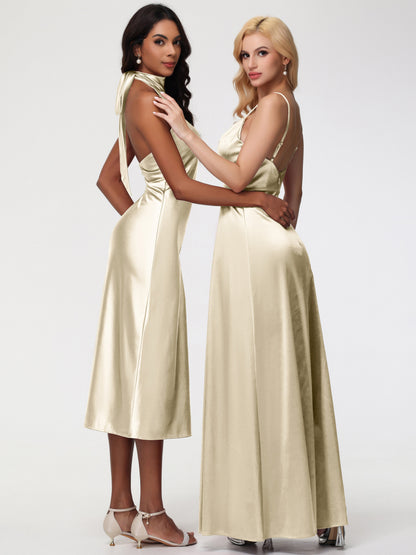 Champagne Bridesmaid Dresses Tea Length Tea-Length High Neck Sleeveless Stretch Satin Bridesmaid Dresses