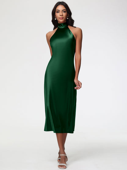 Dark Green Satin Bridesmaid Dresses Tea-Length High Neck Sleeveless Stretch Satin Bridesmaid Dresses