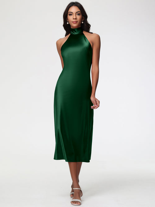 Dark Green Satin Bridesmaid Dresses Tea-Length High Neck Sleeveless Stretch Satin Bridesmaid Dresses