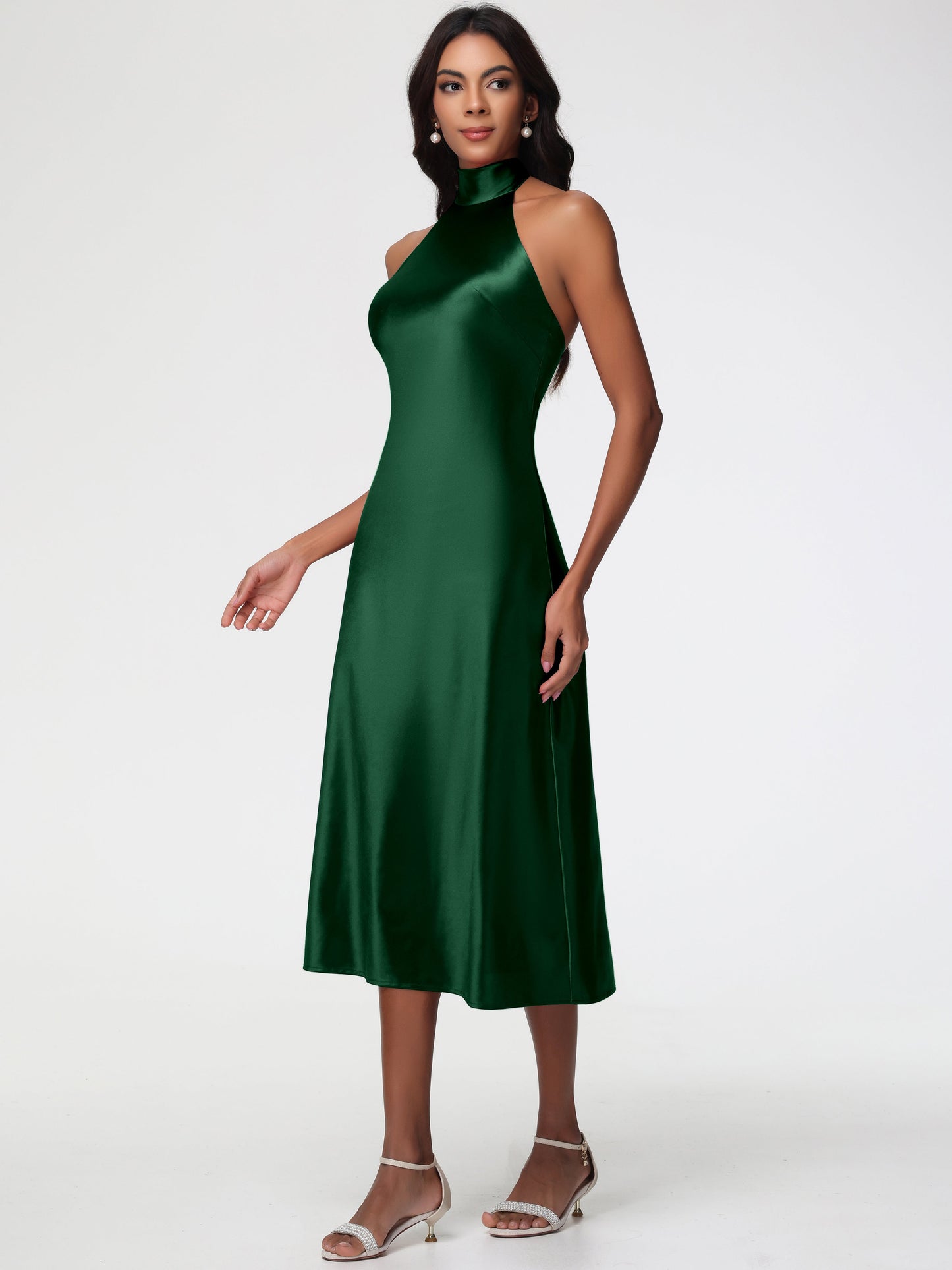 Dark Green Satin Bridesmaid Dresses Tea-Length High Neck Sleeveless Stretch Satin Bridesmaid Dresses