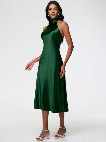 Dark Green Satin Bridesmaid Dresses Tea-Length High Neck Sleeveless Stretch Satin Bridesmaid Dresses