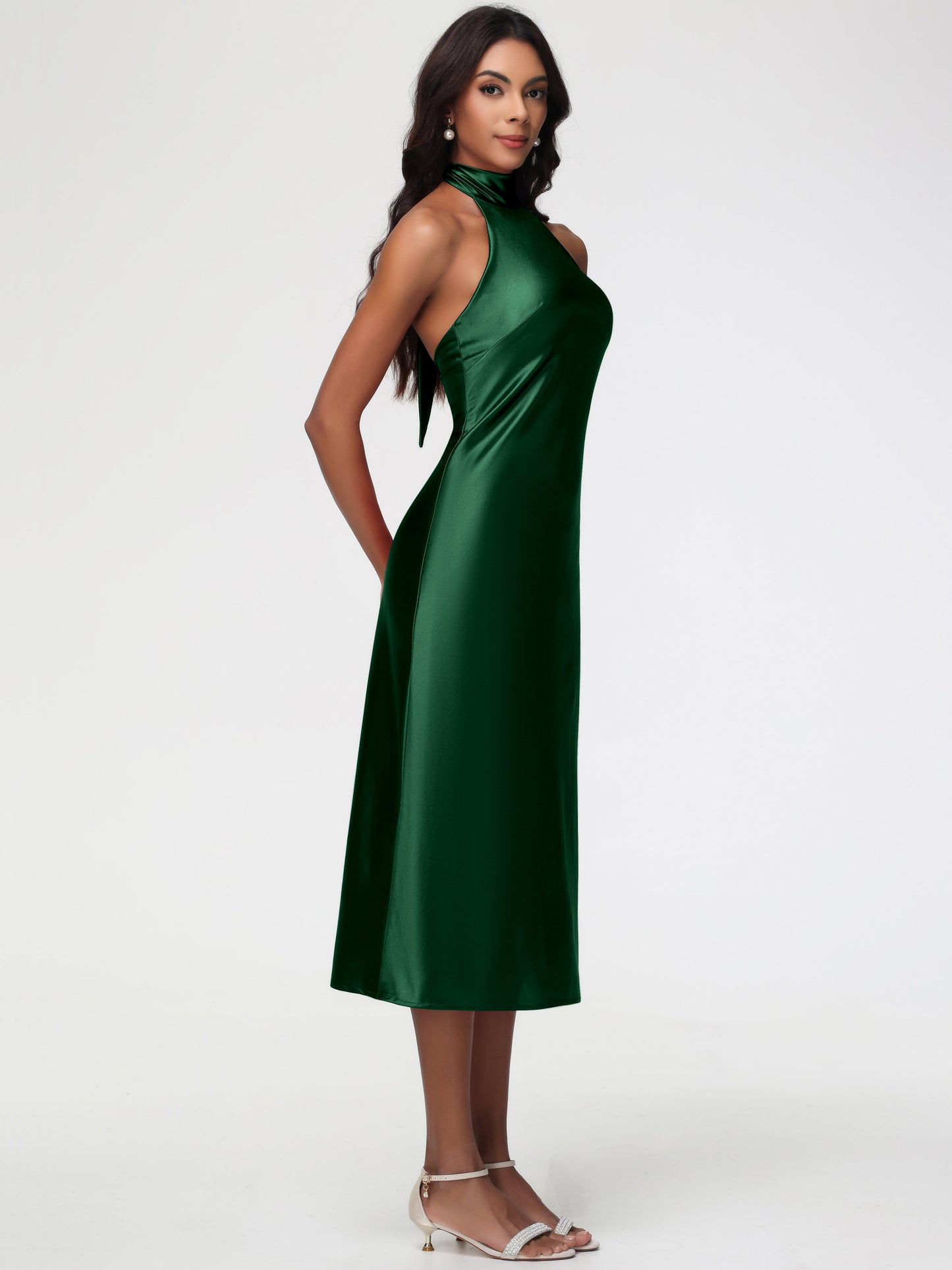 Dark Green Satin Bridesmaid Dresses Tea-Length High Neck Sleeveless Stretch Satin Bridesmaid Dresses