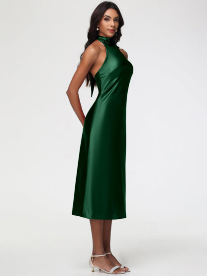 Dark Green Satin Bridesmaid Dresses Tea-Length High Neck Sleeveless Stretch Satin Bridesmaid Dresses