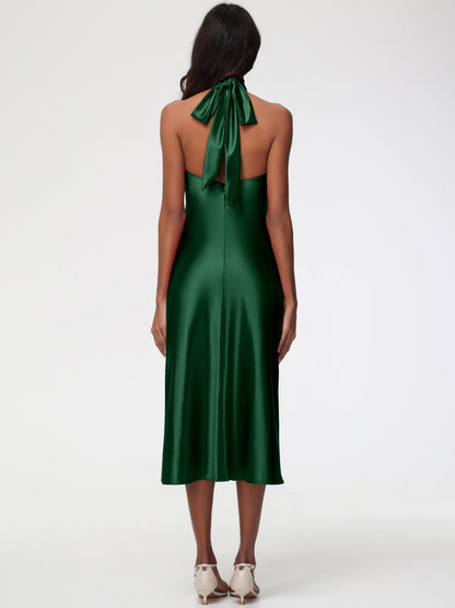 Dark Green Satin Bridesmaid Dresses Tea-Length High Neck Sleeveless Stretch Satin Bridesmaid Dresses
