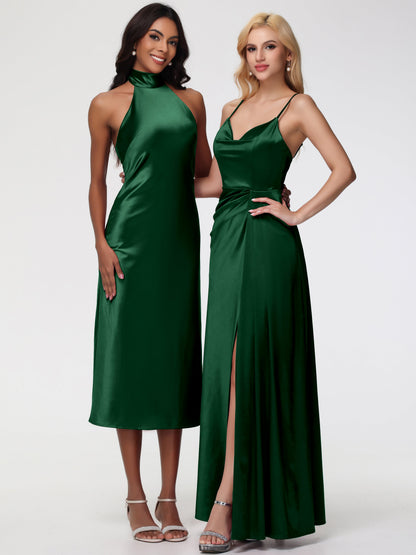 Dark Green Satin Bridesmaid Dresses Tea-Length High Neck Sleeveless Stretch Satin Bridesmaid Dresses