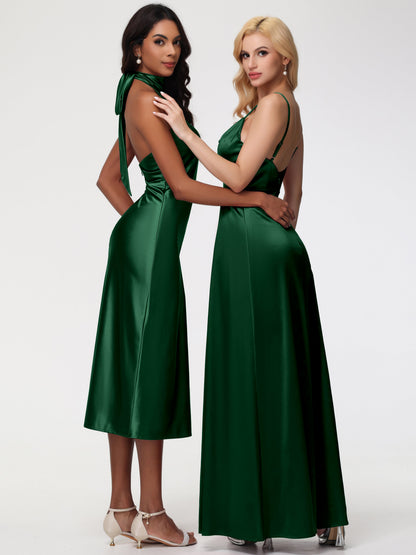 Dark Green Satin Bridesmaid Dresses Tea-Length High Neck Sleeveless Stretch Satin Bridesmaid Dresses
