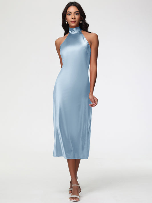 Dusty Blue Bridesmaid Dresses Tea-Length High Neck Sleeveless Stretch Satin Bridesmaid Dresses