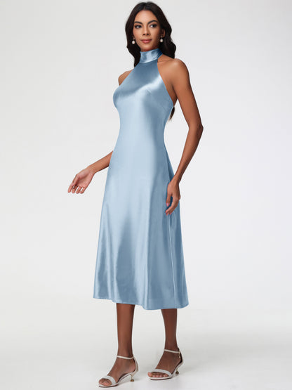 Dusty Blue Bridesmaid Dresses Tea-Length High Neck Sleeveless Stretch Satin Bridesmaid Dresses