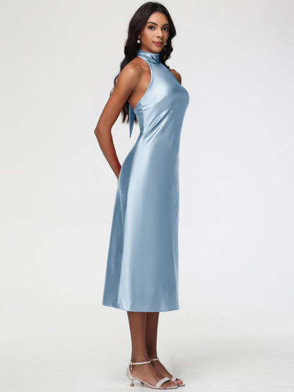 Dusty Blue Bridesmaid Dresses Tea-Length High Neck Sleeveless Stretch Satin Bridesmaid Dresses