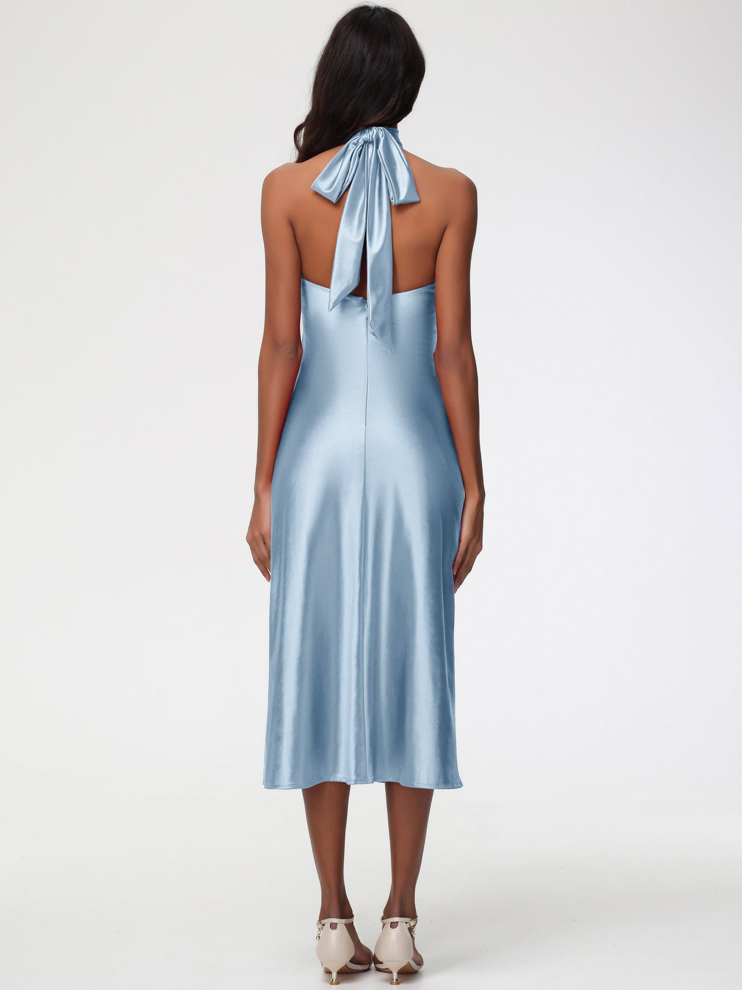 Dusty Blue Bridesmaid Dresses Tea-Length High Neck Sleeveless Stretch Satin Bridesmaid Dresses
