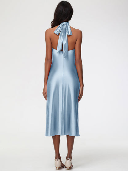 Dusty Blue Bridesmaid Dresses Tea-Length High Neck Sleeveless Stretch Satin Bridesmaid Dresses