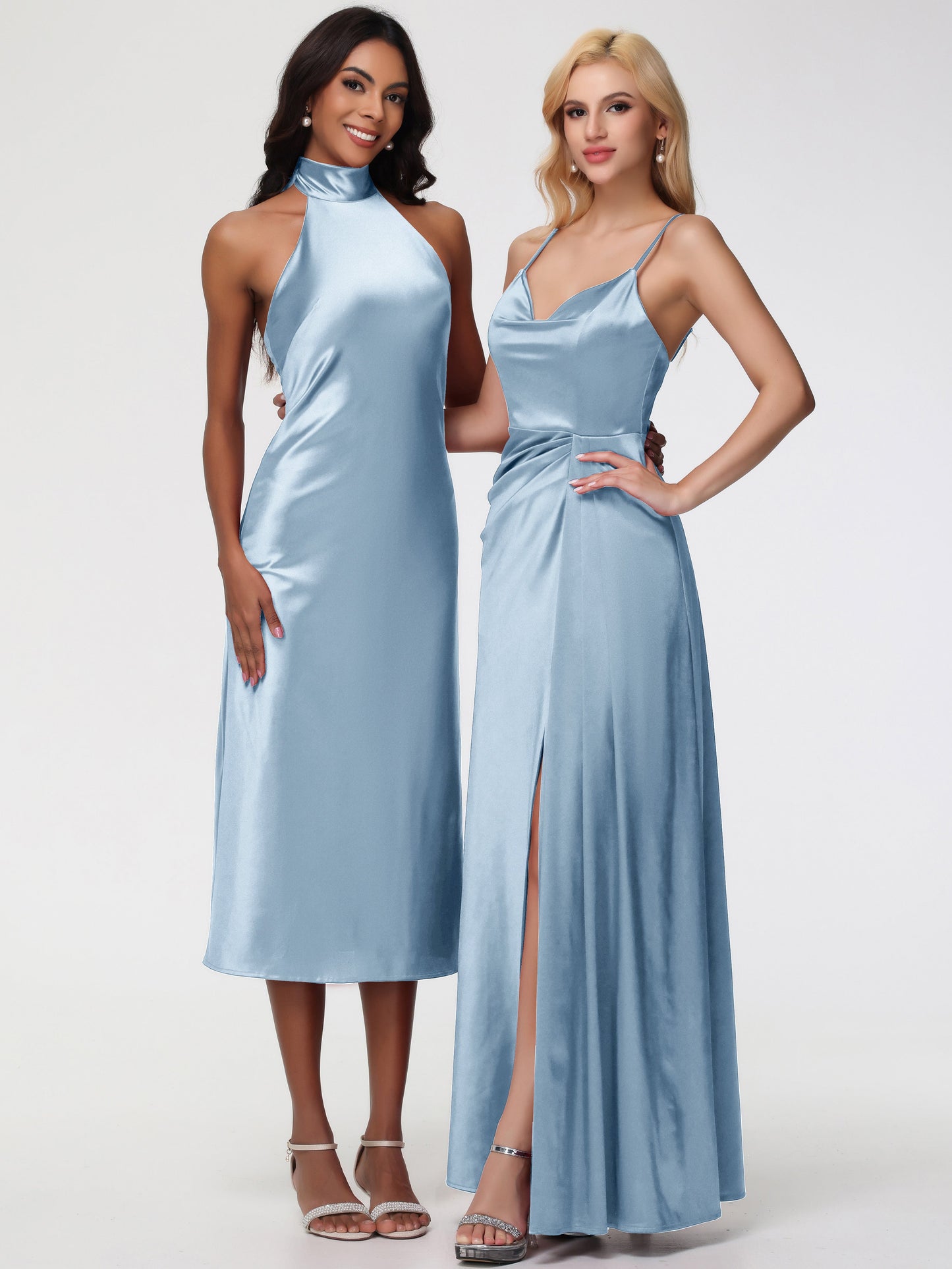 Dusty Blue Bridesmaid Dresses Tea-Length High Neck Sleeveless Stretch Satin Bridesmaid Dresses