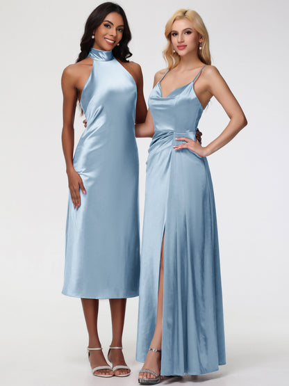 Dusty Blue Bridesmaid Dresses Tea-Length High Neck Sleeveless Stretch Satin Bridesmaid Dresses