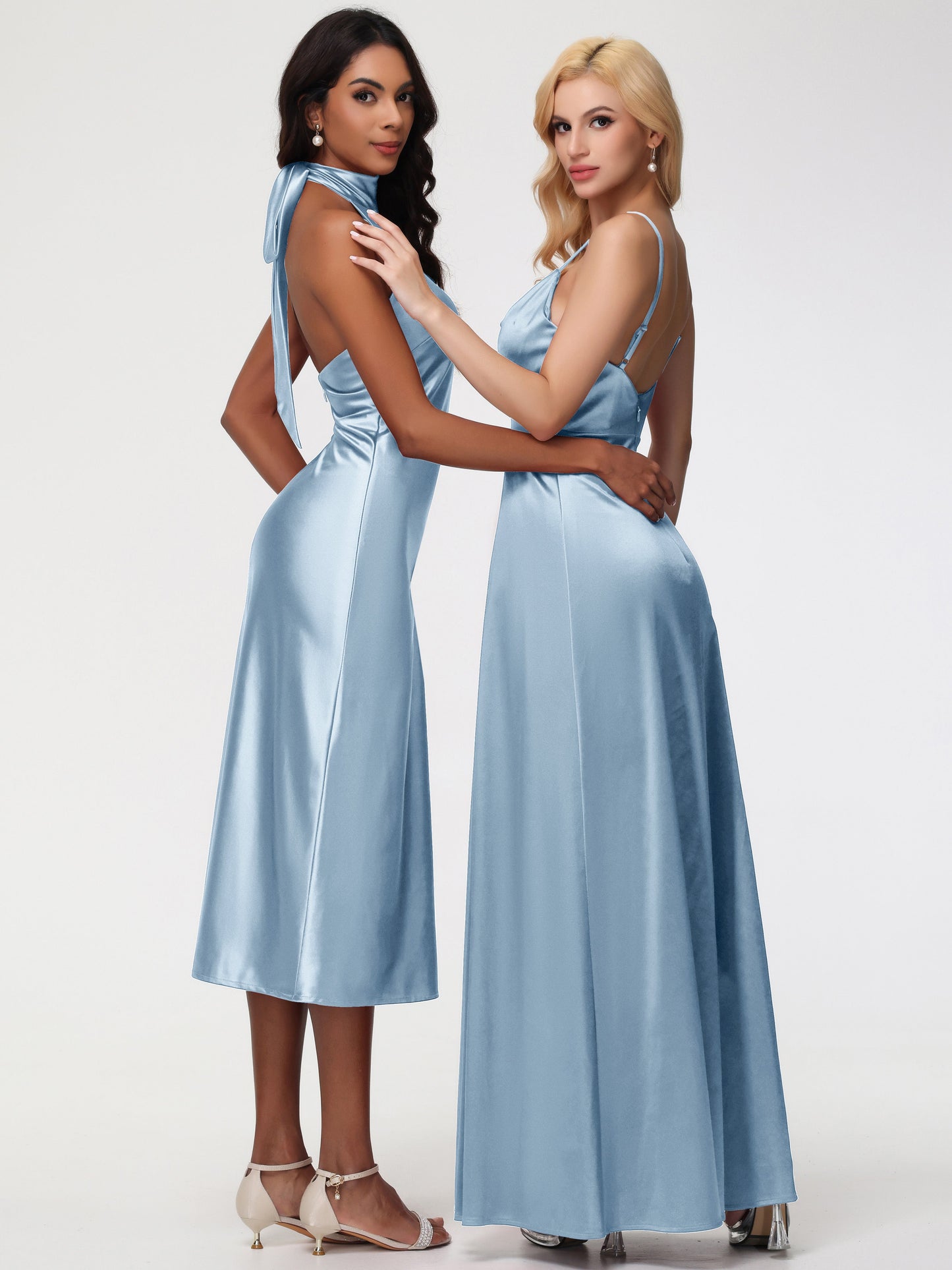 Dusty Blue Bridesmaid Dresses Tea-Length High Neck Sleeveless Stretch Satin Bridesmaid Dresses