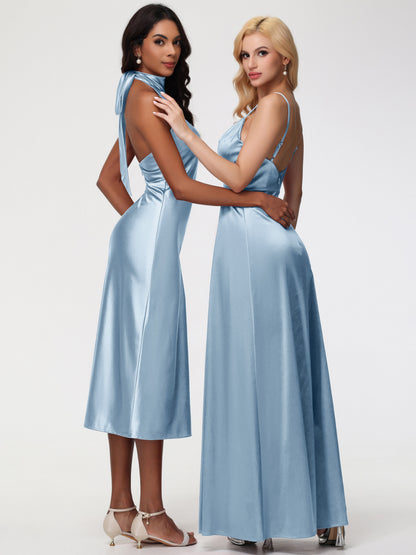 Dusty Blue Bridesmaid Dresses Tea-Length High Neck Sleeveless Stretch Satin Bridesmaid Dresses