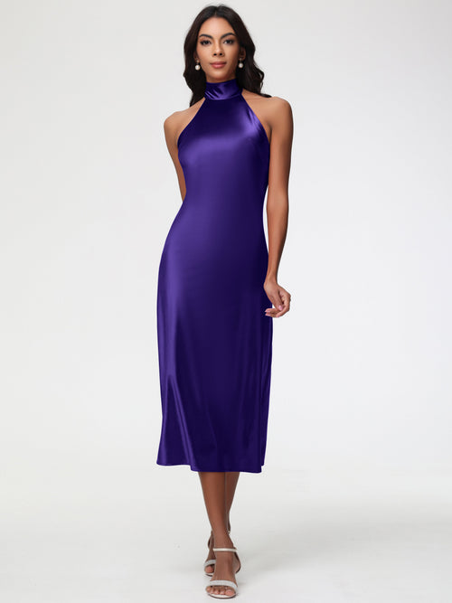 Bridesmaid Dresses Regency Purple Tea-Length High Neck Sleeveless Stretch Satin Bridesmaid Dresses