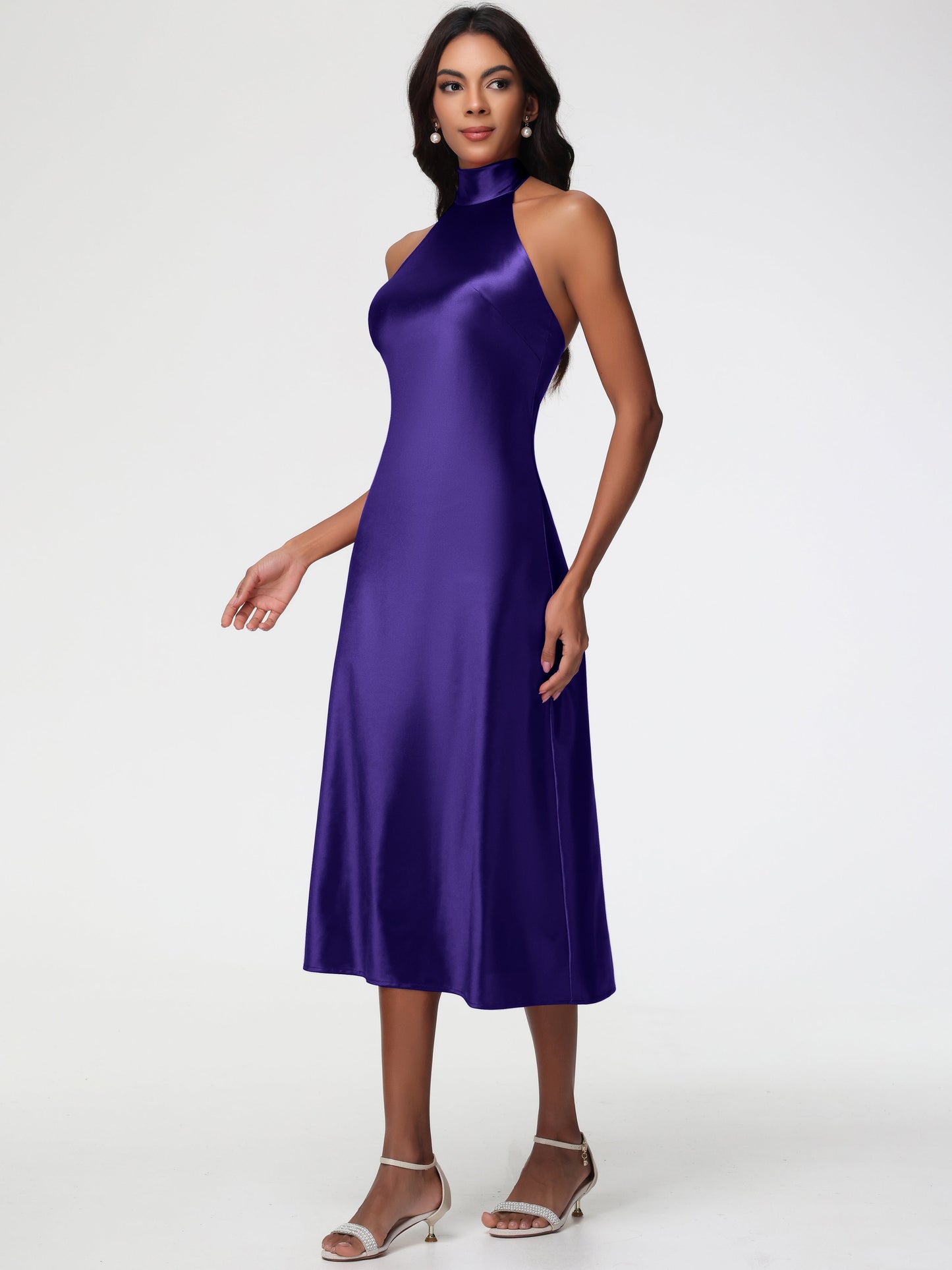 Bridesmaid Dresses Regency Purple Tea-Length High Neck Sleeveless Stretch Satin Bridesmaid Dresses