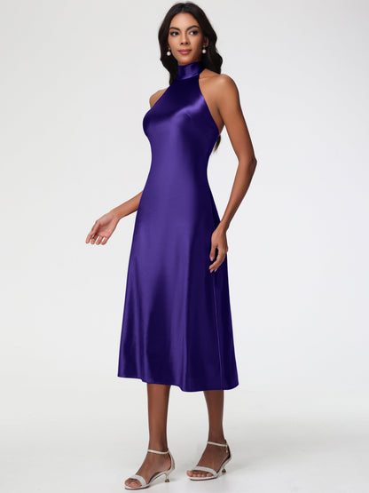 Bridesmaid Dresses Regency Purple Tea-Length High Neck Sleeveless Stretch Satin Bridesmaid Dresses