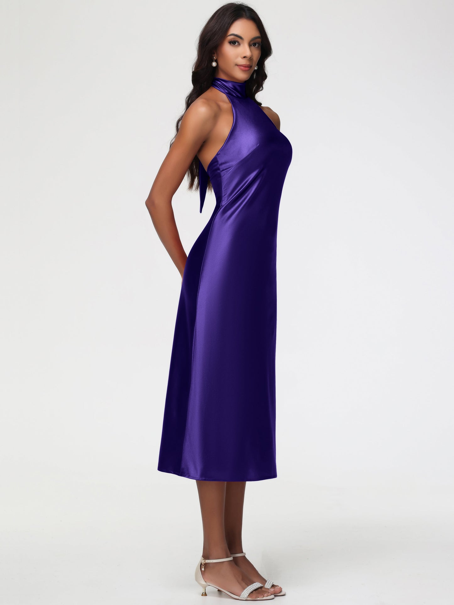 Bridesmaid Dresses Regency Purple Tea-Length High Neck Sleeveless Stretch Satin Bridesmaid Dresses