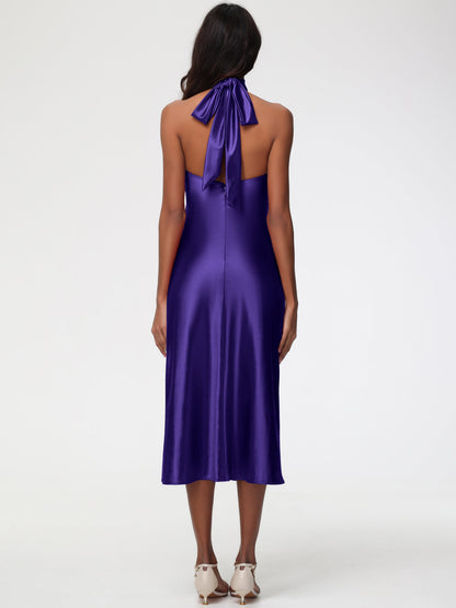 Bridesmaid Dresses Regency Purple Tea-Length High Neck Sleeveless Stretch Satin Bridesmaid Dresses