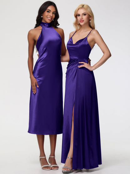 Bridesmaid Dresses Regency Purple Tea-Length High Neck Sleeveless Stretch Satin Bridesmaid Dresses