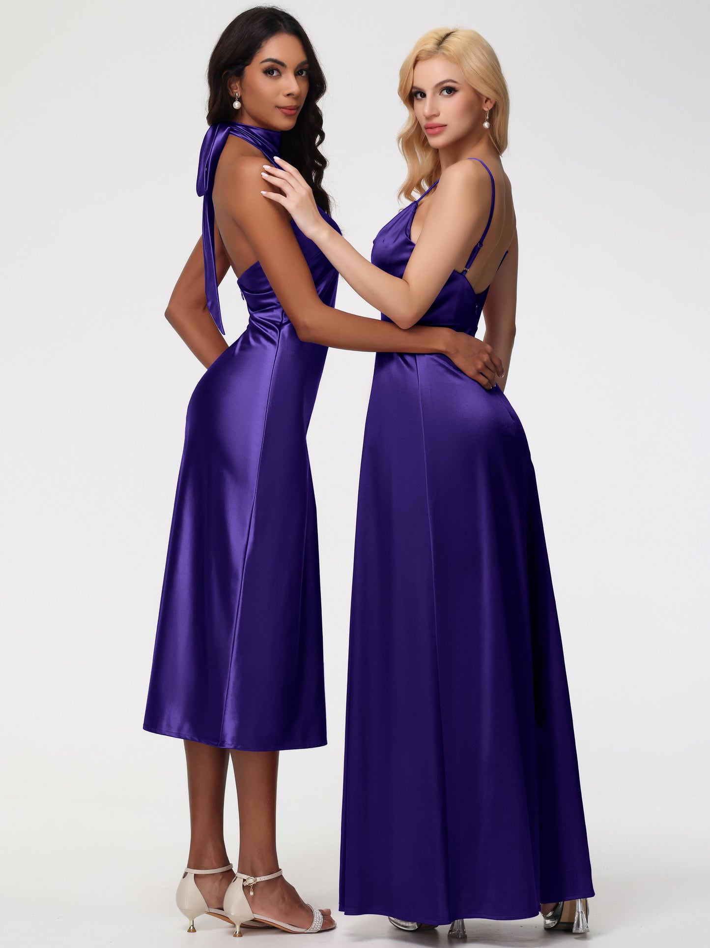 Bridesmaid Dresses Regency Purple Tea-Length High Neck Sleeveless Stretch Satin Bridesmaid Dresses
