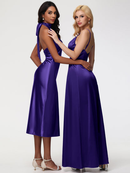 Bridesmaid Dresses Regency Purple Tea-Length High Neck Sleeveless Stretch Satin Bridesmaid Dresses