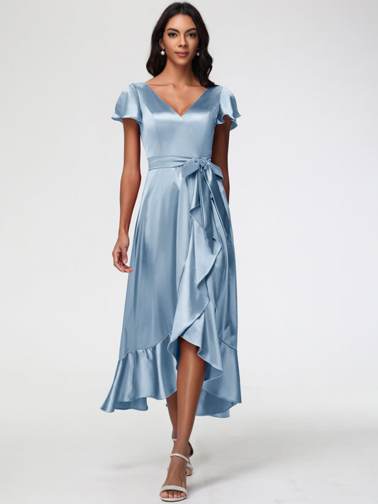 Modest Dusty Blue Bridesmaid Dresses Tea-Length Short Sleeves Ruffles A-Line Stretch Satin Bridesmaid Dresses