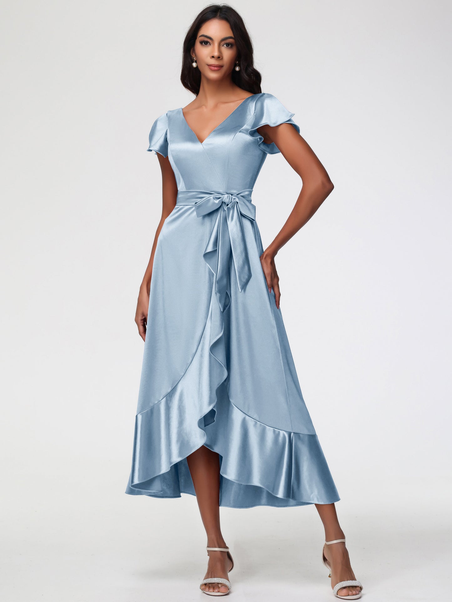 Modest Dusty Blue Bridesmaid Dresses Tea-Length Short Sleeves Ruffles A-Line Stretch Satin Bridesmaid Dresses