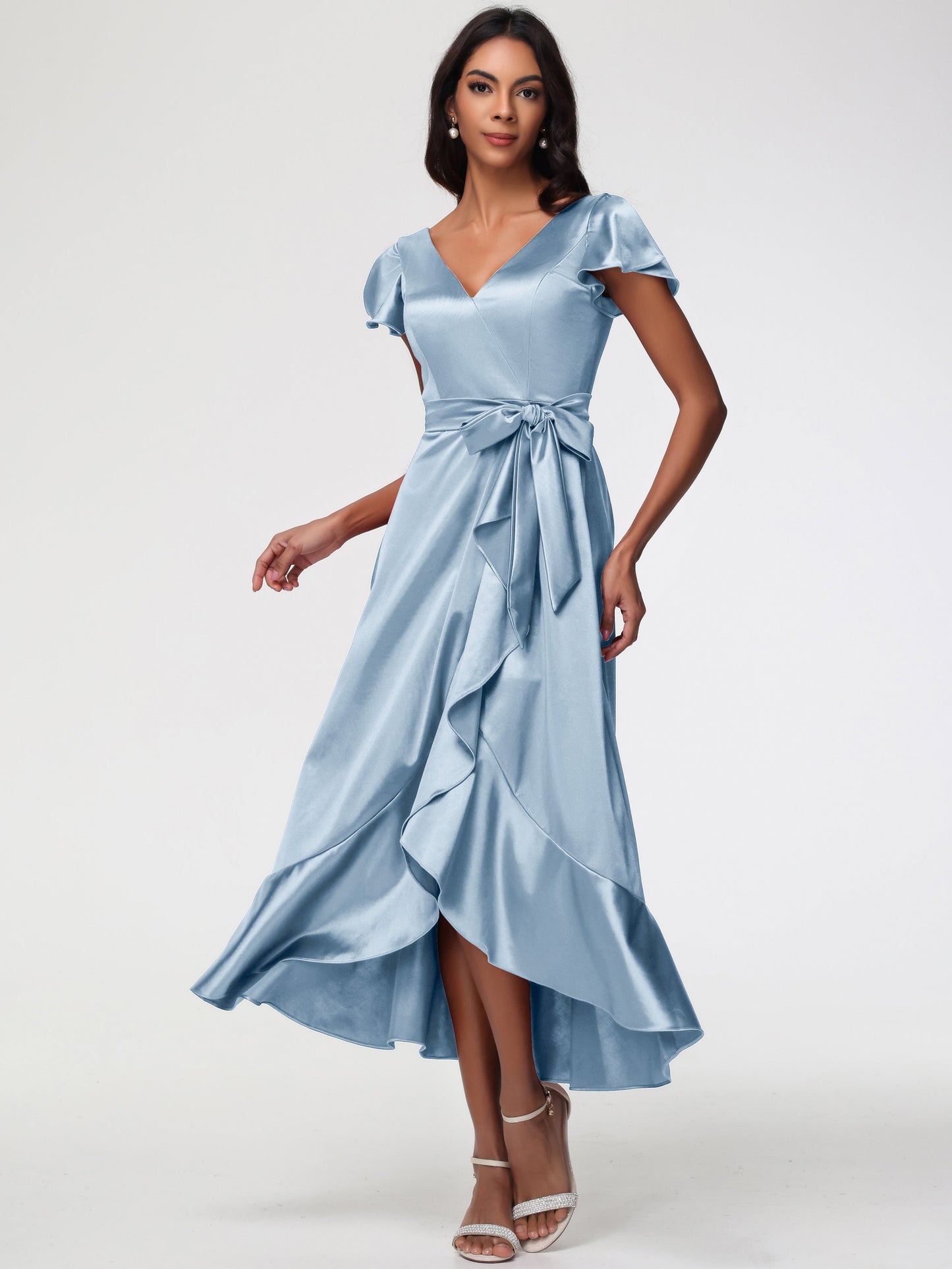 Modest Dusty Blue Bridesmaid Dresses Tea-Length Short Sleeves Ruffles A-Line Stretch Satin Bridesmaid Dresses
