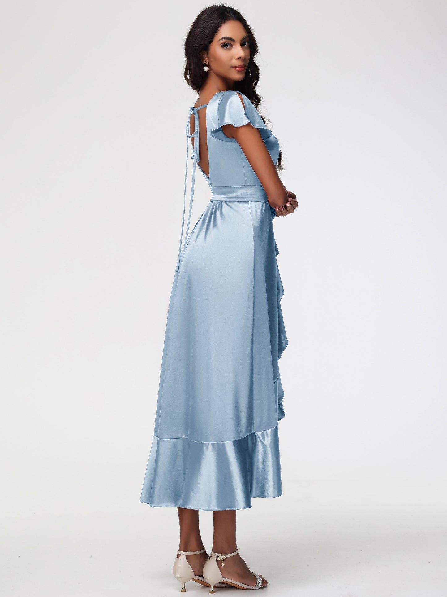 Modest Dusty Blue Bridesmaid Dresses Tea-Length Short Sleeves Ruffles A-Line Stretch Satin Bridesmaid Dresses