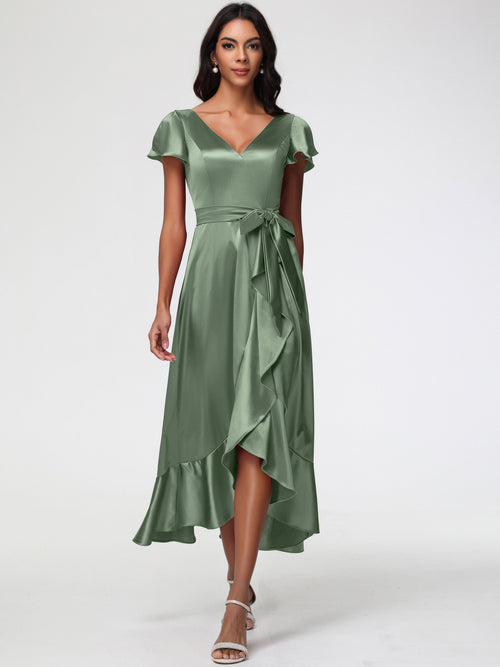 Dusty Sage Bridesmaid Dress Tea-Length Short Sleeves Ruffles A-Line Stretch Satin Bridesmaid Dresses
